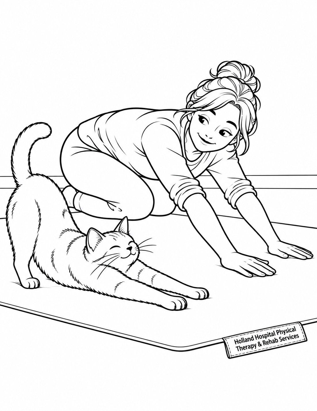 An adult kneels comfortably on a plain floor mat and reaches both open hands forward along the floor, while a cat beside them stretches both front paws forward in the same direction; their two pairs of reaching limbs make an obvious visual rhyme.