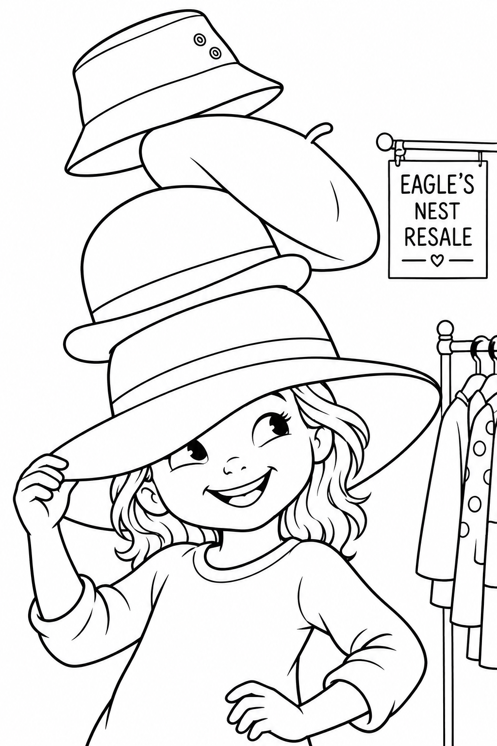 A tower of contrasting hats wobbles above a mischievous face peeking beneath the broad bottom brim.