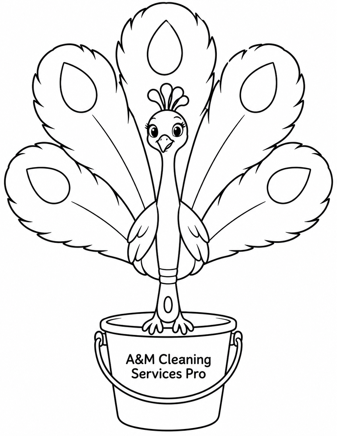 An ordinary feather duster has become a graceful storybook peacock: its simple handle forms a slender body, while five broad feathers spread in one large fan behind a small curved head.