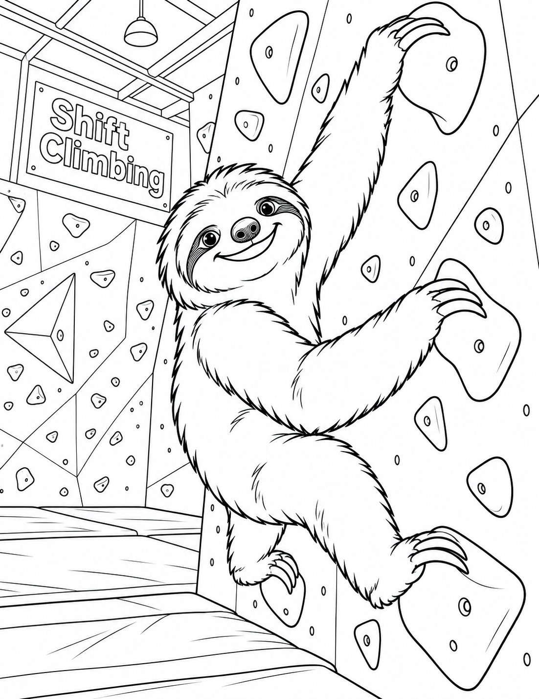 A fictional sloth actively boulders on the hold wall at Shift Climbing.