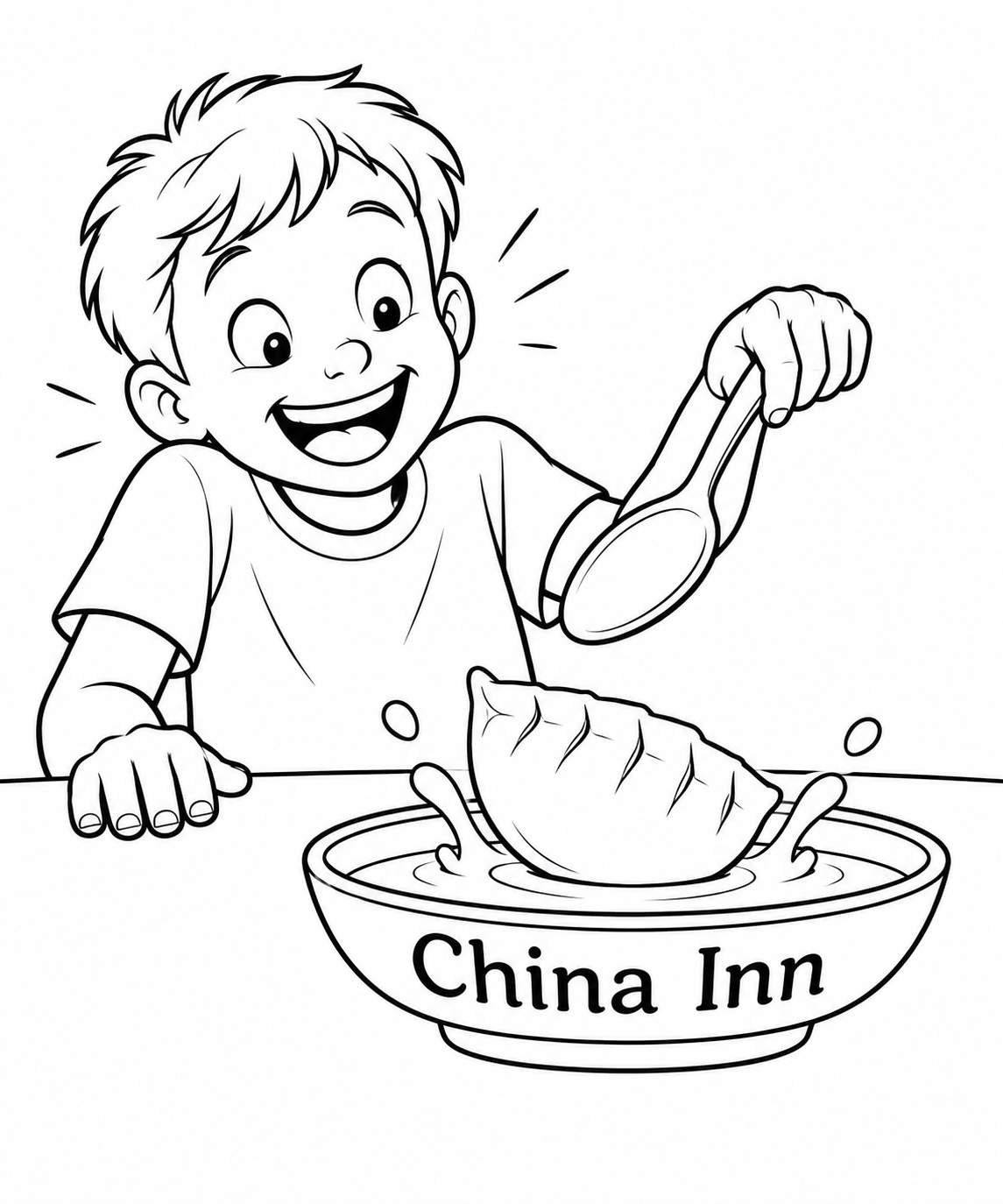 A child’s slippery dumpling falls from a tilted spoon into dipping sauce; the small splash triggers a delighted, startled grin.