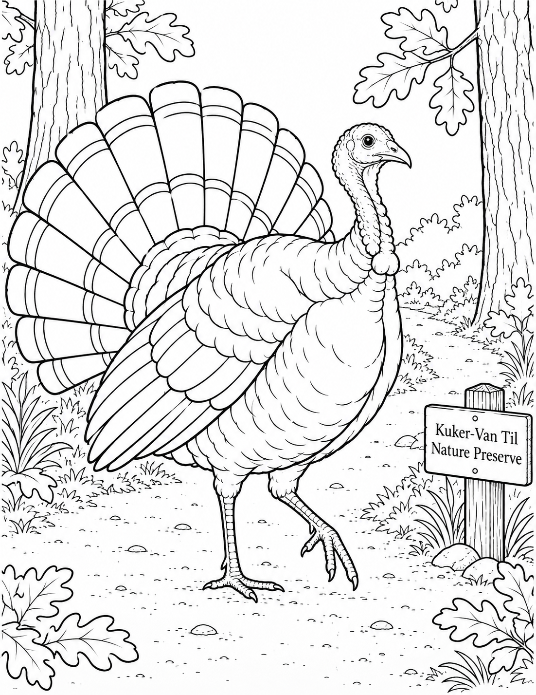 A wild turkey steps across a sandy trail with its tail partly fanned like a broad patterned sun.