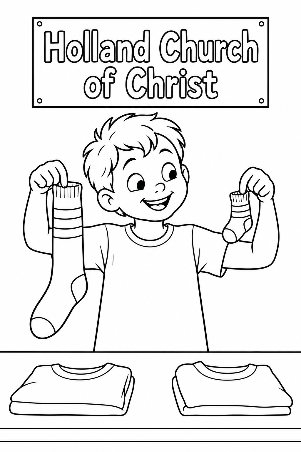 A child sorting clothing holds an adult sock and tiny baby sock with identical broad stripes, amused that the apparent pair has very different sizes.