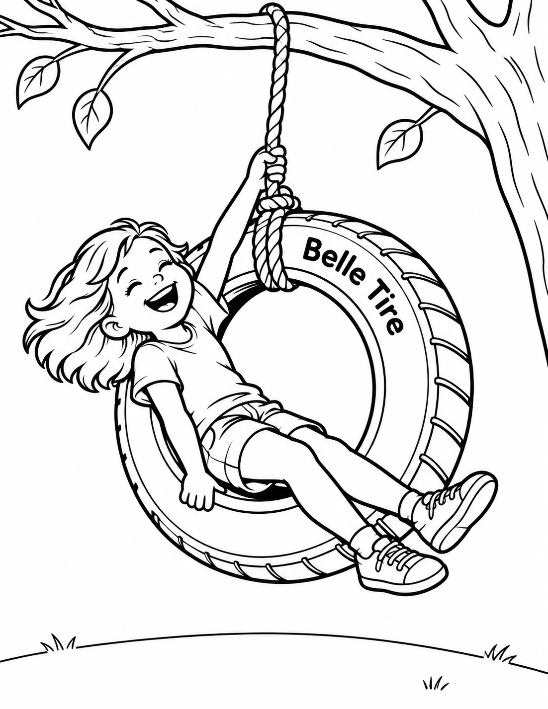 A laughing child leans back comfortably in a sturdy vertical tire swing, seated on the lower inner rim with legs extended forward as the swing moves through a gentle arc.
