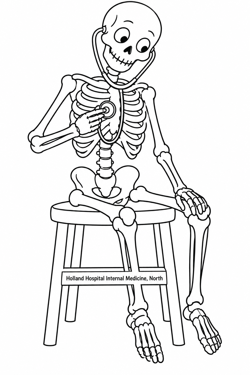 A friendly simplified teaching-skeleton model has come to life and sits on a plain stool, curiously listening to its own rib cage with a stethoscope.