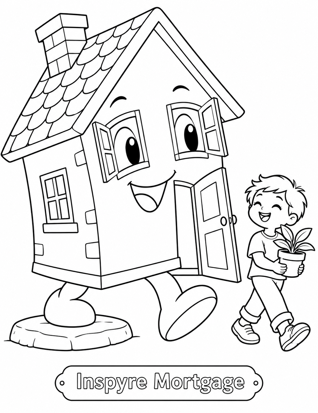 A complete storybook house character takes one visibly grounded step beside a delighted child, with an open door and two attached feet that clearly show planted and lifted positions.
