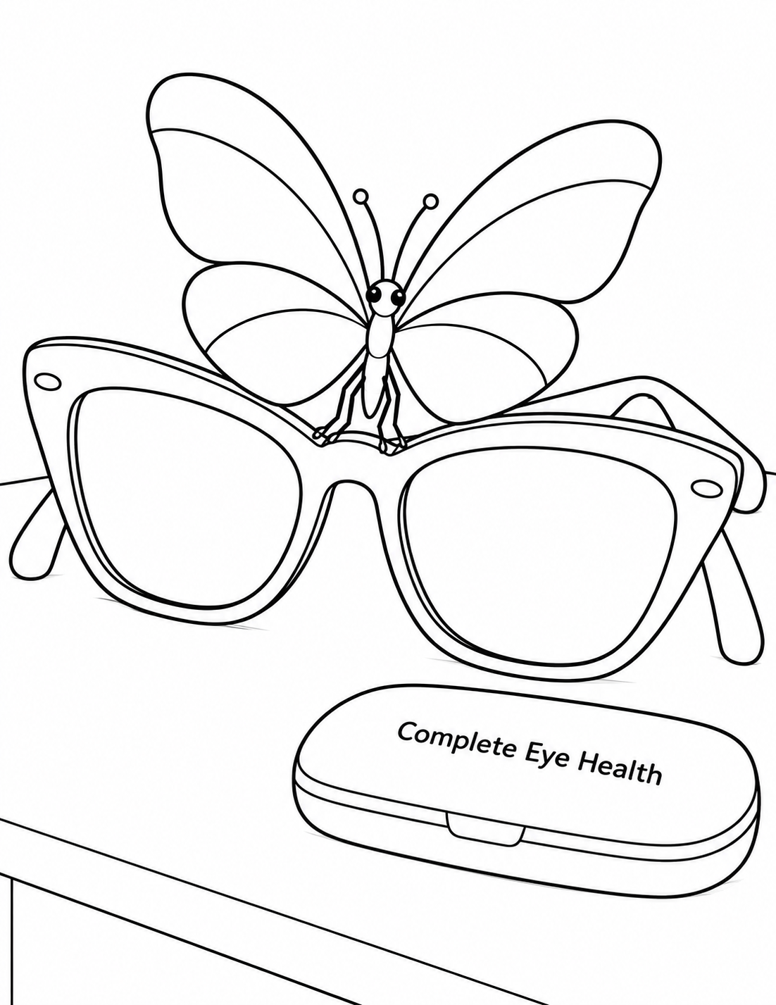 A butterfly perches on the bridge of butterfly-shaped eyeglasses.