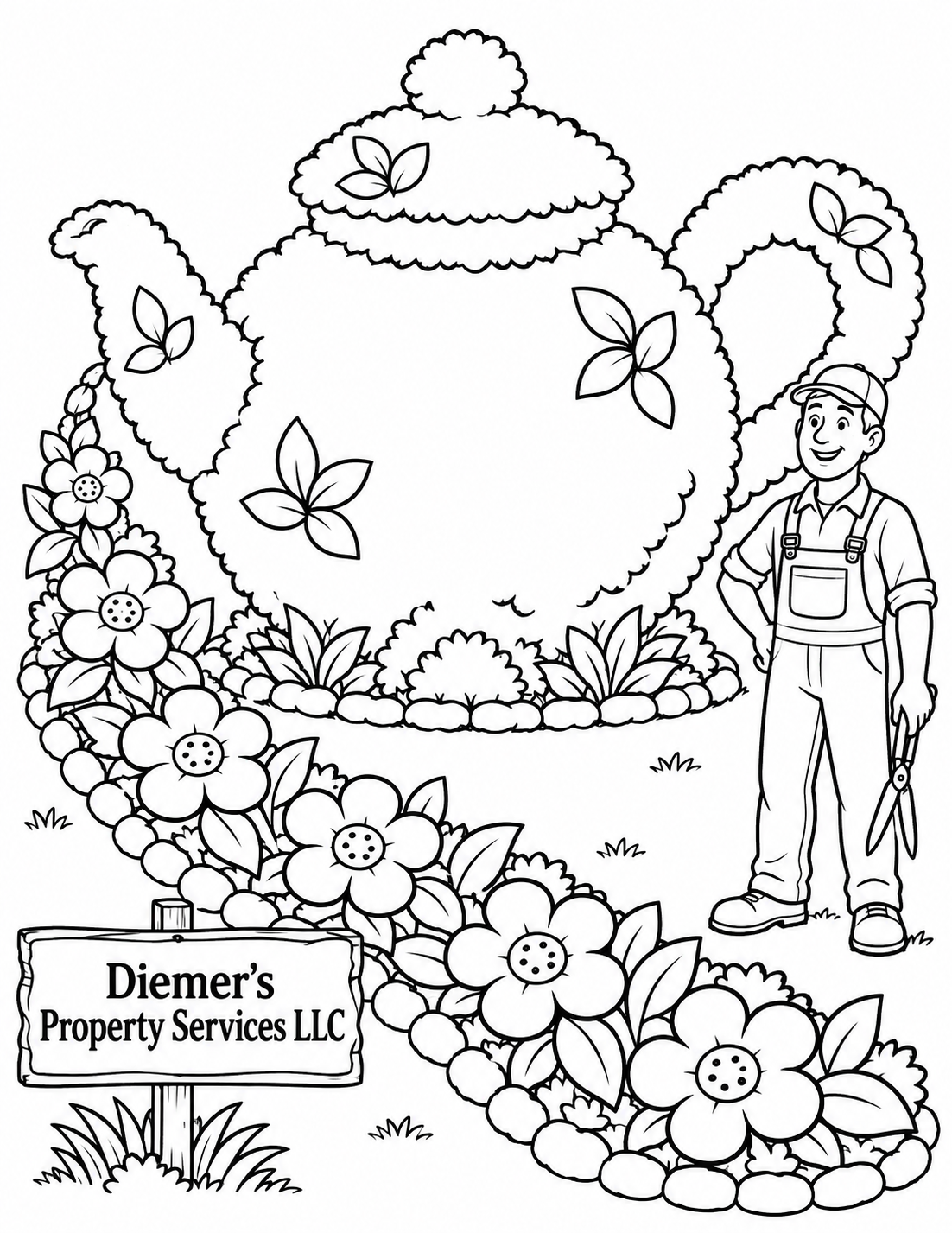 A gardener has clipped one enormous shrub into the shape of a teapot, with a small flower bed flowing from its spout like a stream of tea.