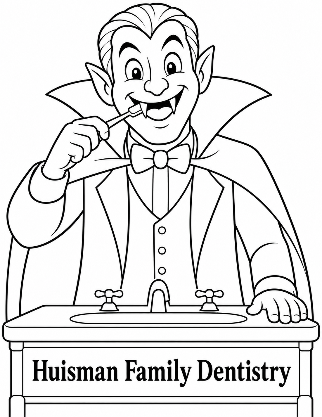 A delighted friendly vampire with two recognizable fangs brushes one fang with a single toothbrush.