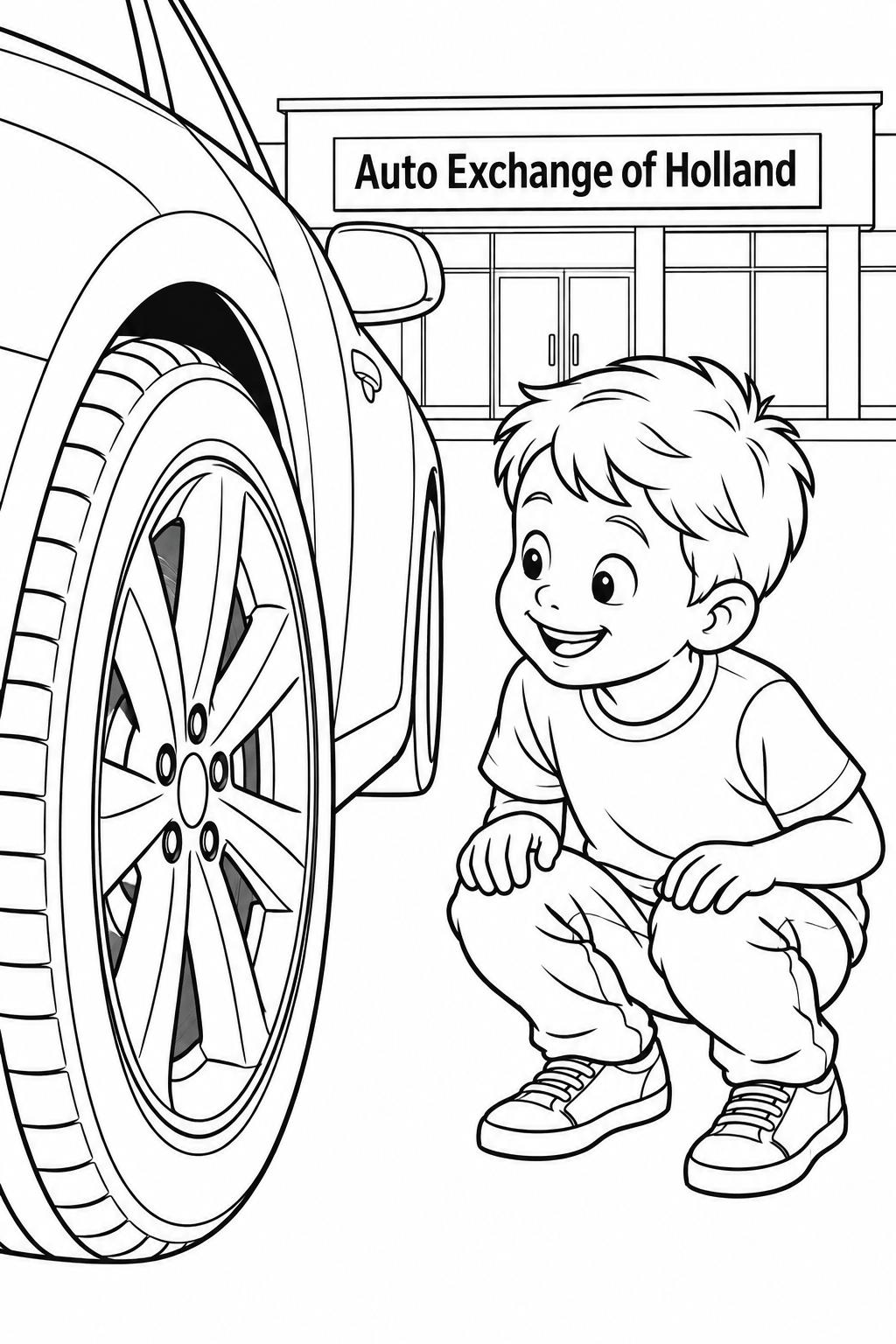 A smiling boy crouches beside a parked car and studies its big wheel with delighted curiosity.