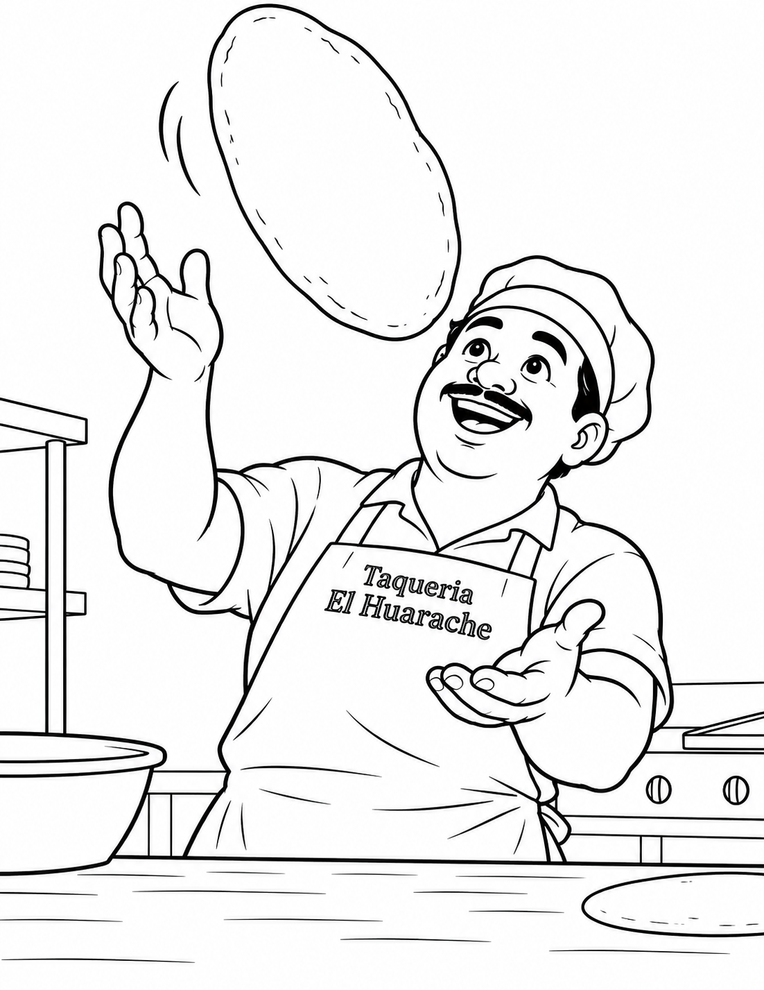 A cook catches one broad turning tortilla just as it passes above a delighted face.