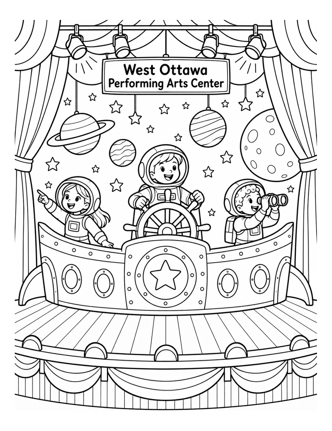 theater curtains and stage lights transform into a child-led moon-ship adventure