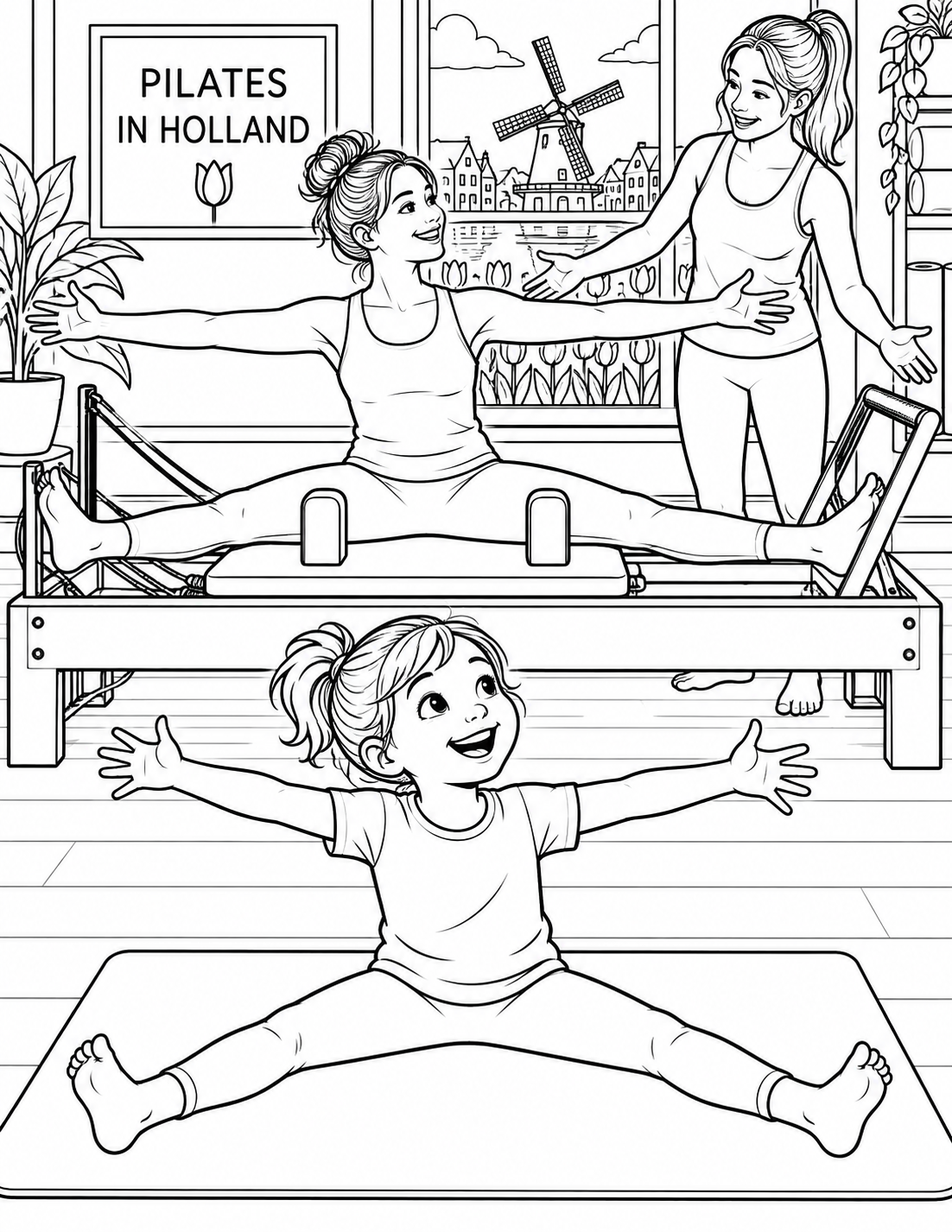 An adult on a recognizable Pilates reformer makes a star stretch while a child on a separate floor mat playfully mirrors the shape and an instructor guides them.