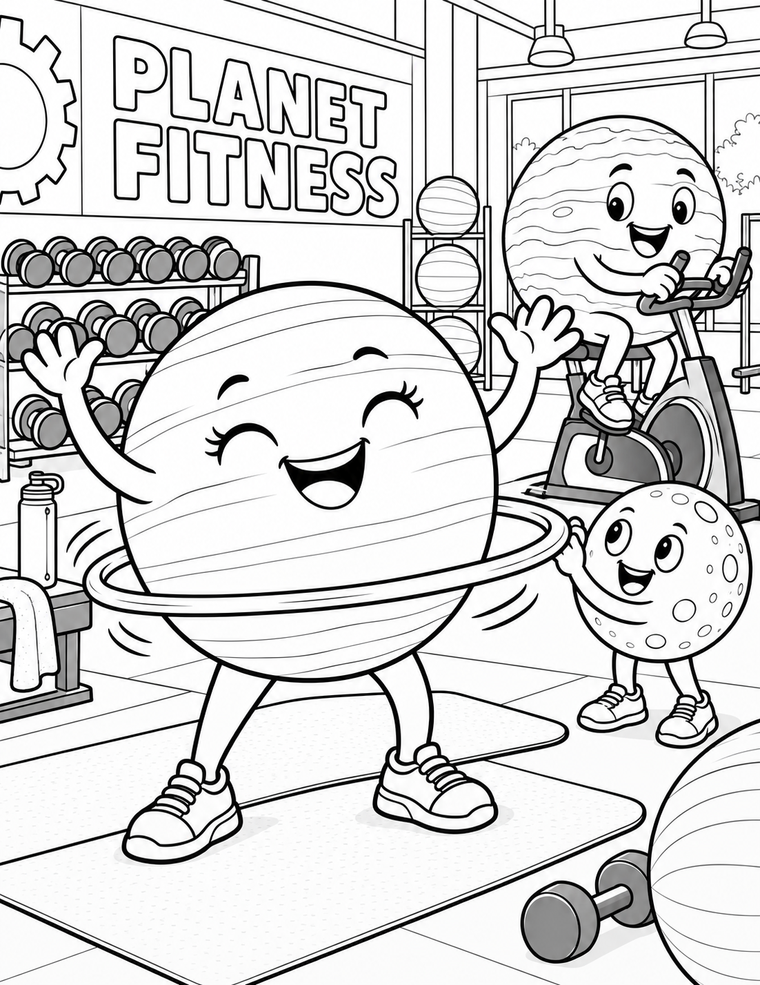 Fantastical round planet characters enjoy a playful workout in an imagined Planet Fitness gym.
