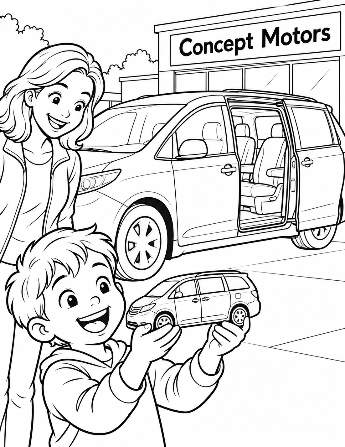 Child holds a little toy minivan up beside a much larger real family minivan at the dealership as its side door opens. The toy-to-real scale echo and eager face are the attraction; large door and seats are colorable.