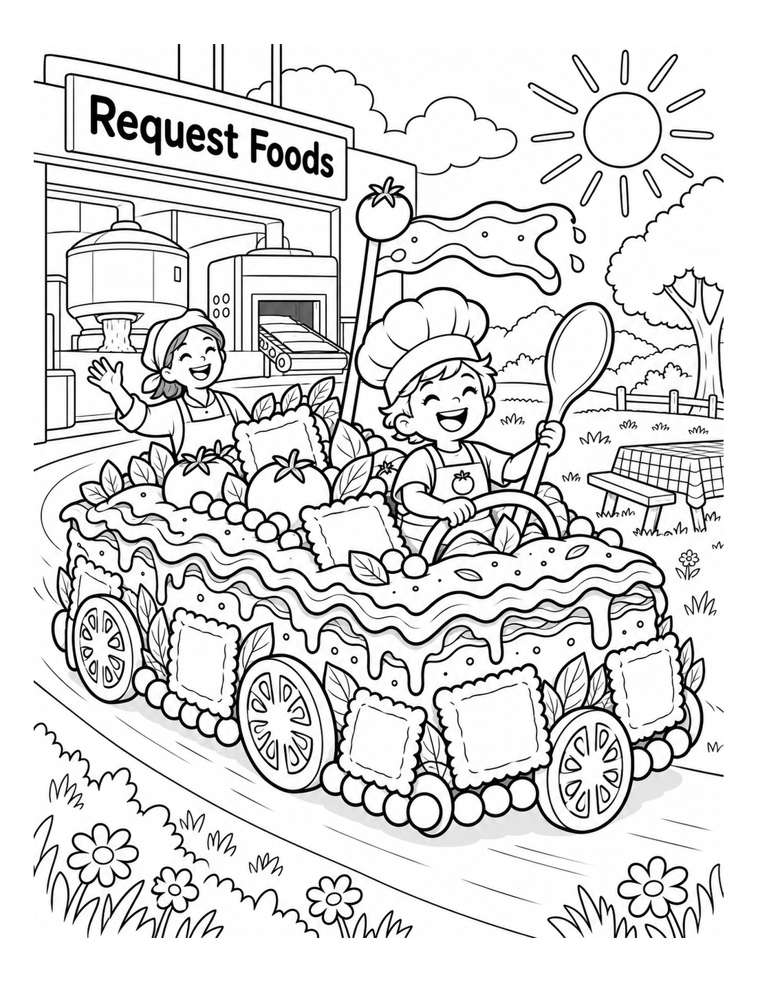 commercial meal-making line turns recipe ingredients into a picnic parade
