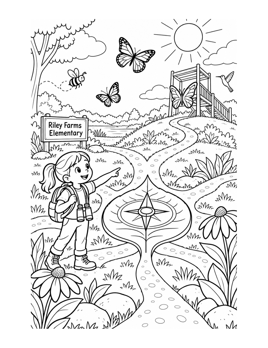 A child follows a leaf compass and living root-map through a pollinator garden to a butterfly lookout.