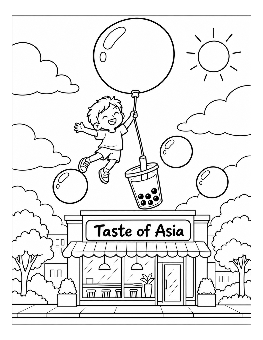 giant boba bubble lifts child over the restaurant
