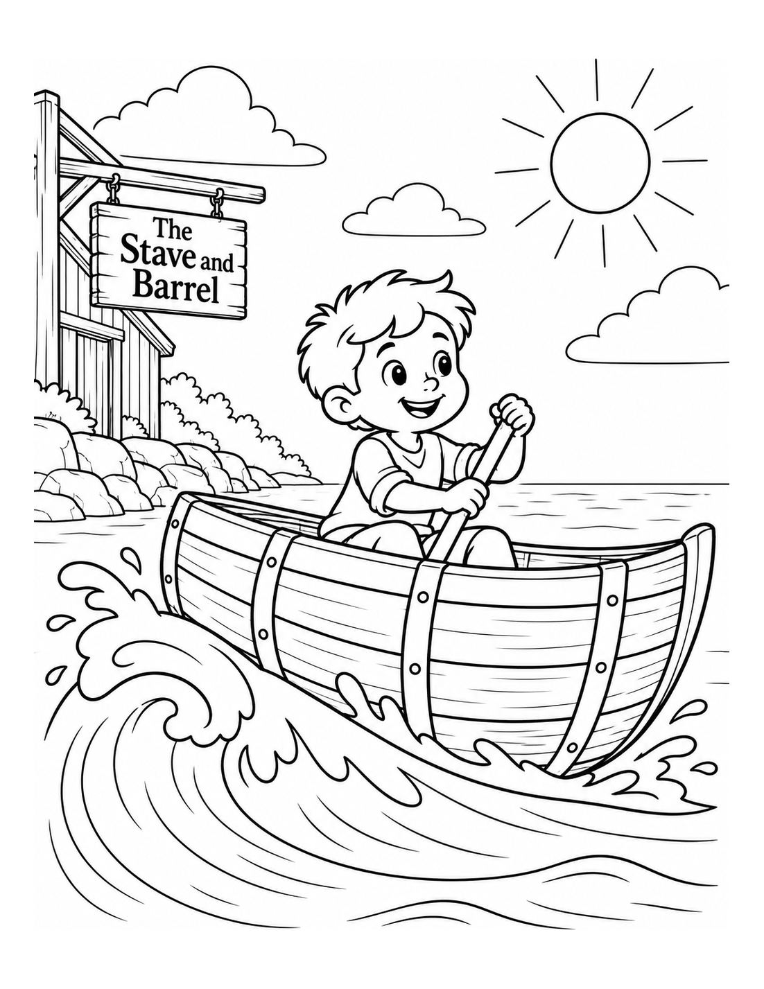 At the stave-to-barrel connection, the round barrel unfurls into a curved wooden hull and broad sail.