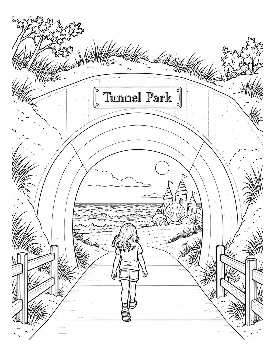 The dune tunnel frames a magical shell kingdom unfolding on the beach beside Lake Michigan.