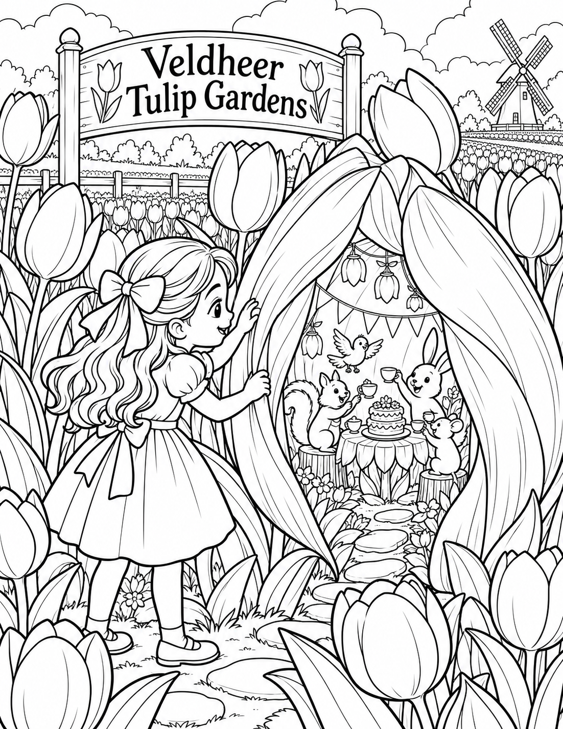 A child stands among towering tulips and helps one giant bud open like a doorway.