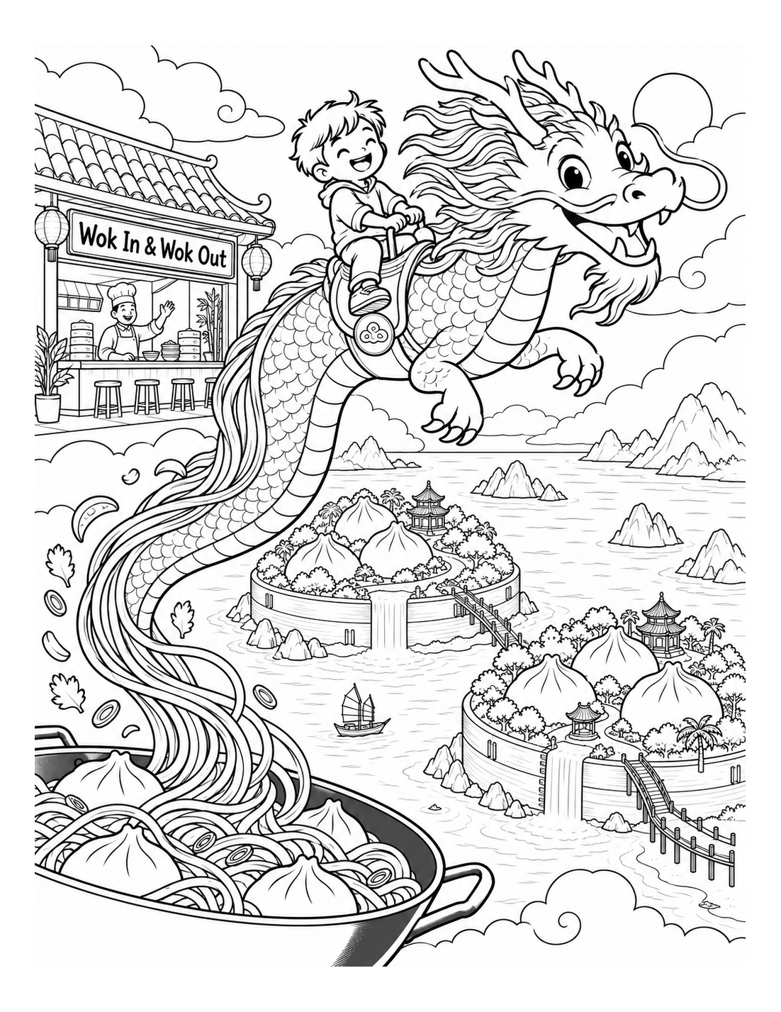 steaming wok noodles curl into a friendly flying dragon that carries a child over dumpling-basket islands