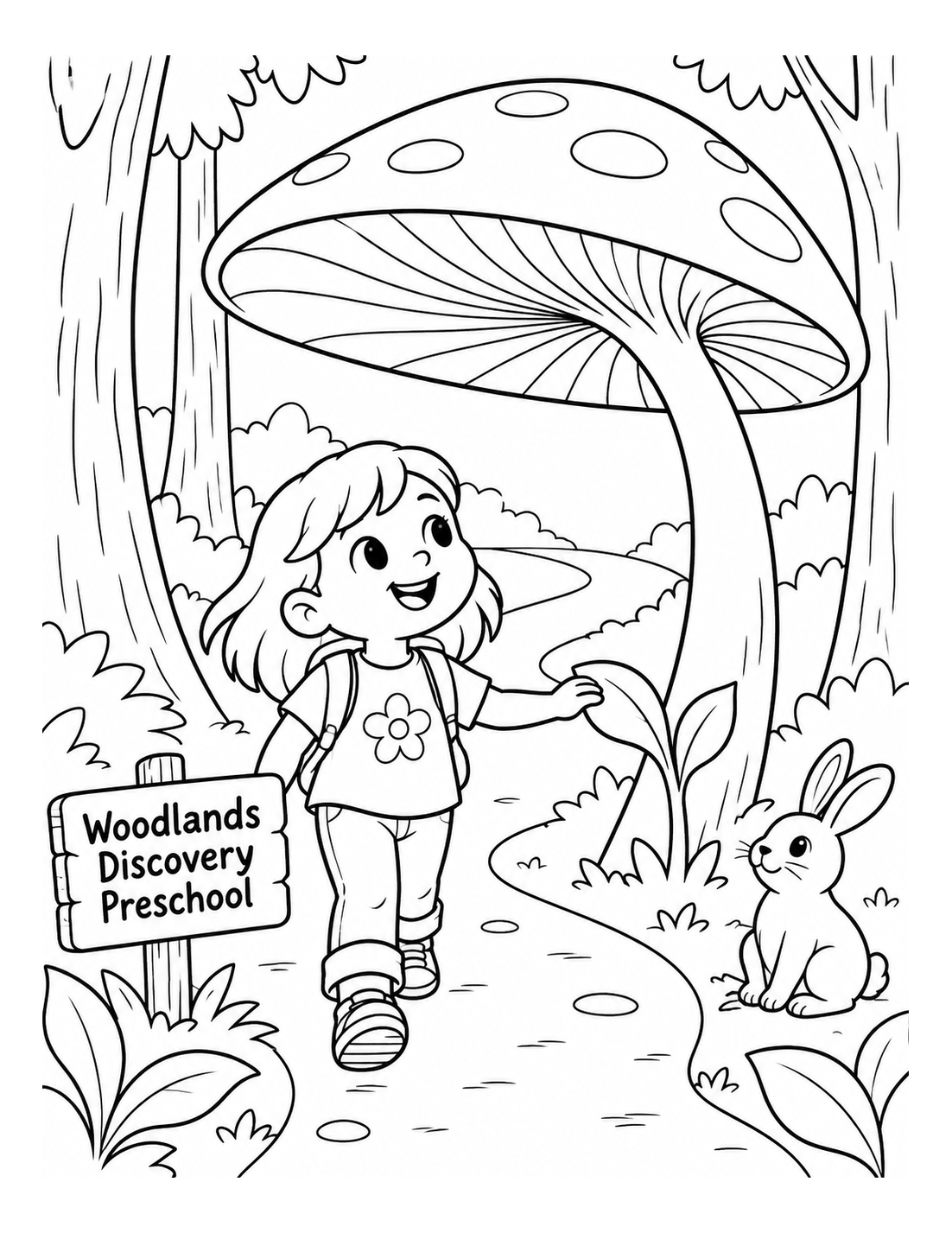 A child explores the woodland trail and a giant mushroom shelter unfurls overhead.