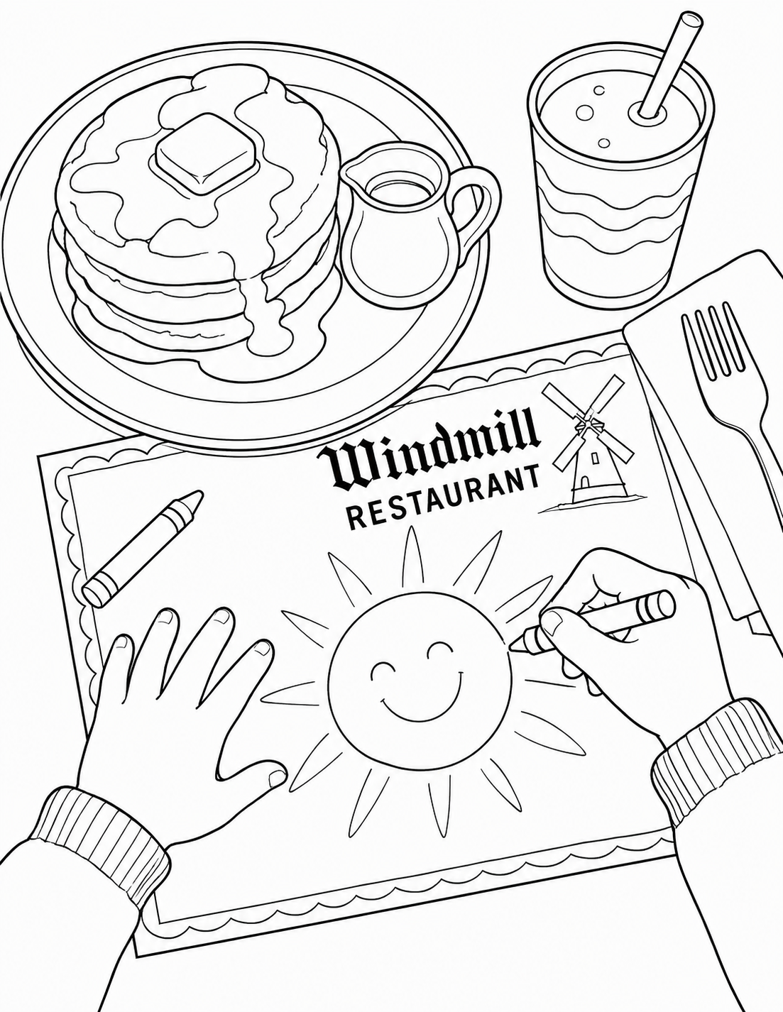 A child draws a smiling sun while breakfast waits at Windmill Restaurant.