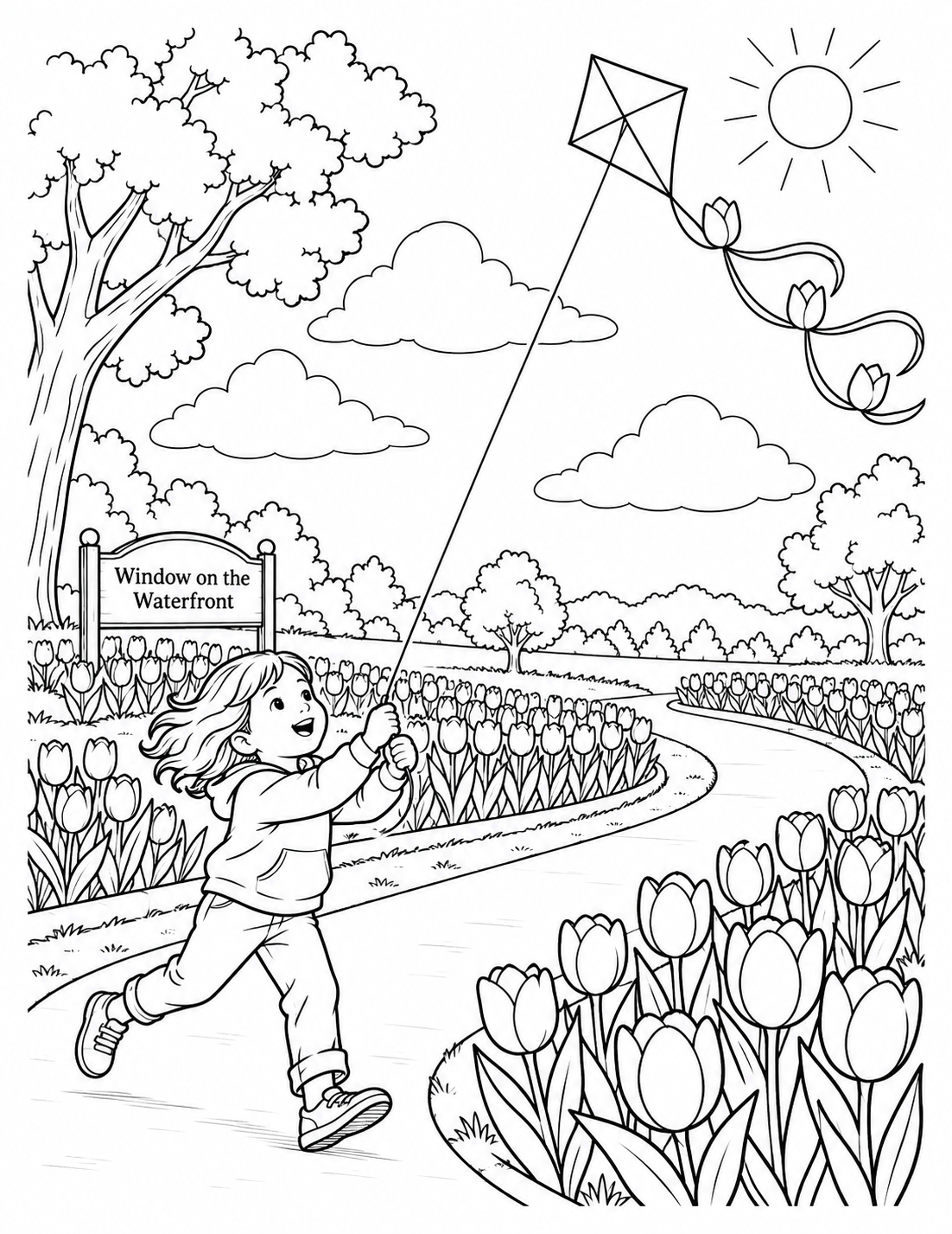 A child runs along a park path launching a simple tulip-tail kite over the field, with the winding path and flower rows sweeping behind.