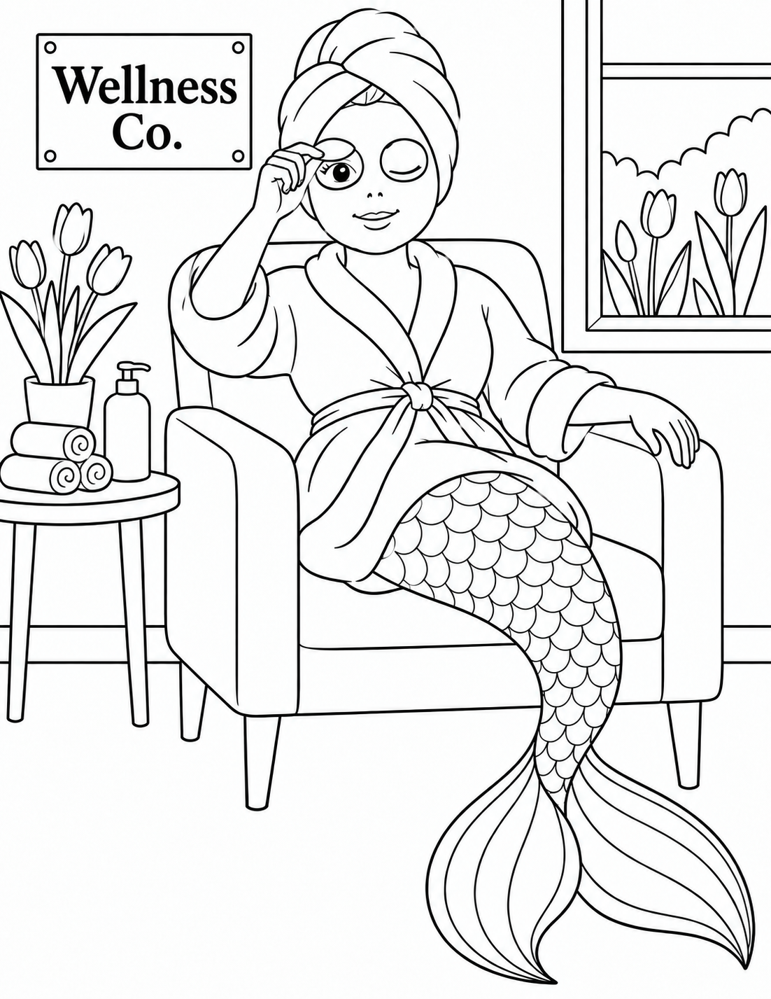A robed mermaid peeks beneath an eye pad during a relaxing spa visit.