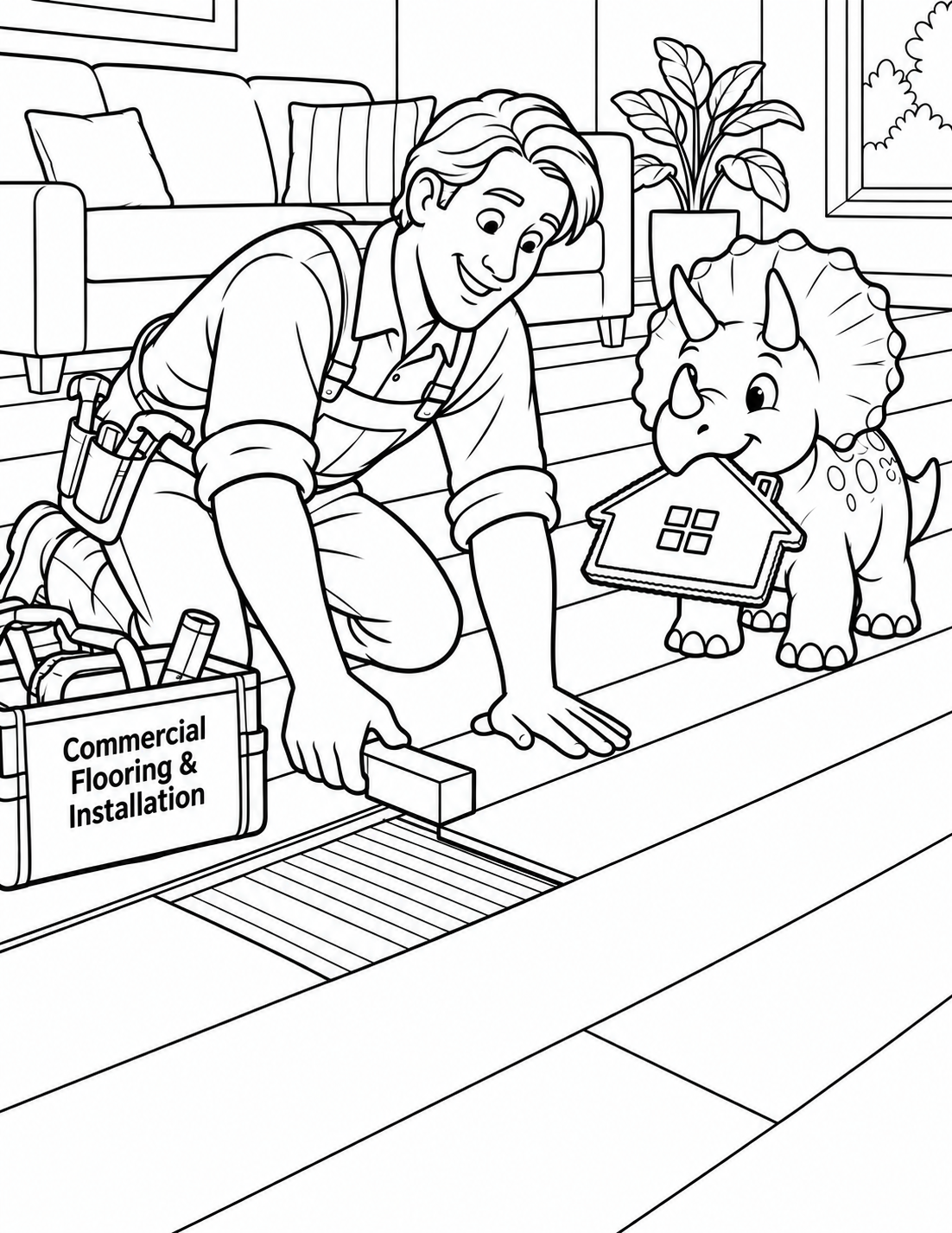 A kneeling worker holds a block-like tool at an open strip of floor boards while a friendly triceratops carries a house-shaped mat. A sofa and potted plant sit behind them.