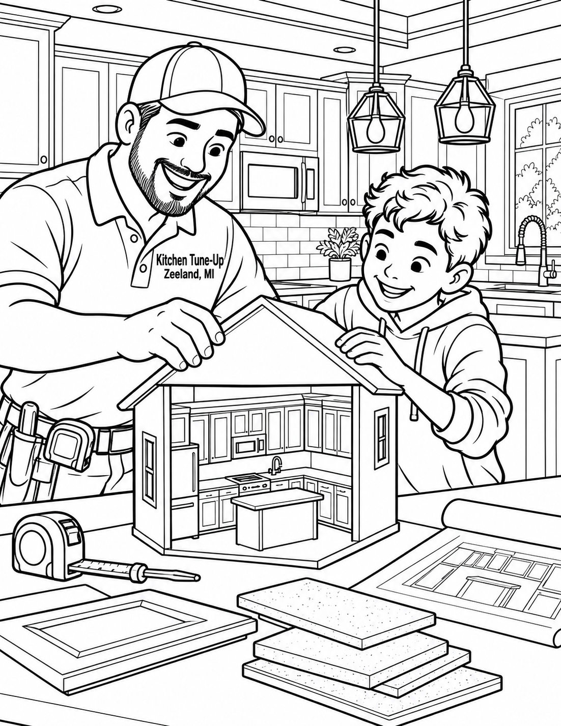 A craftsperson and child fit one oversized final piece onto a miniature house, with the real service material and tools clearly visible.