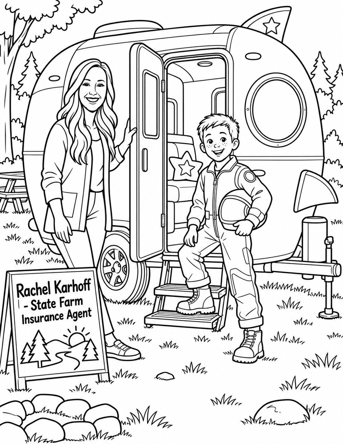 A smiling boy carrying a space helmet faces the viewer with one boot on a rocket-themed camper stair while a long-haired woman holds its open door. A white wheel and grounded hitch jack support the parked camper beside a named agent sign.