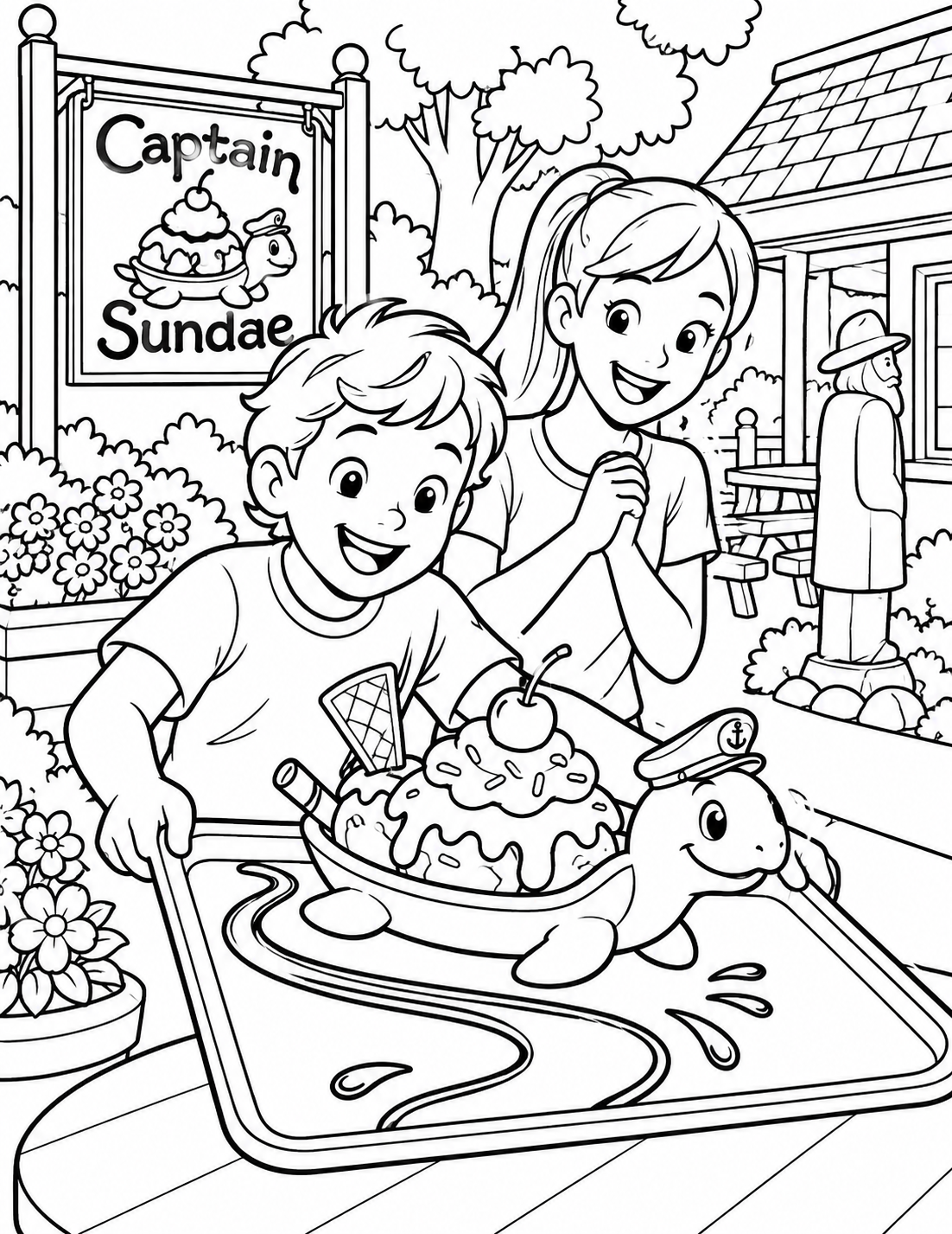 A child guides one large sundae shaped like a little boat around a broad syrup curve on a tray; the dish, spoon and toppings remain coherent and clean.