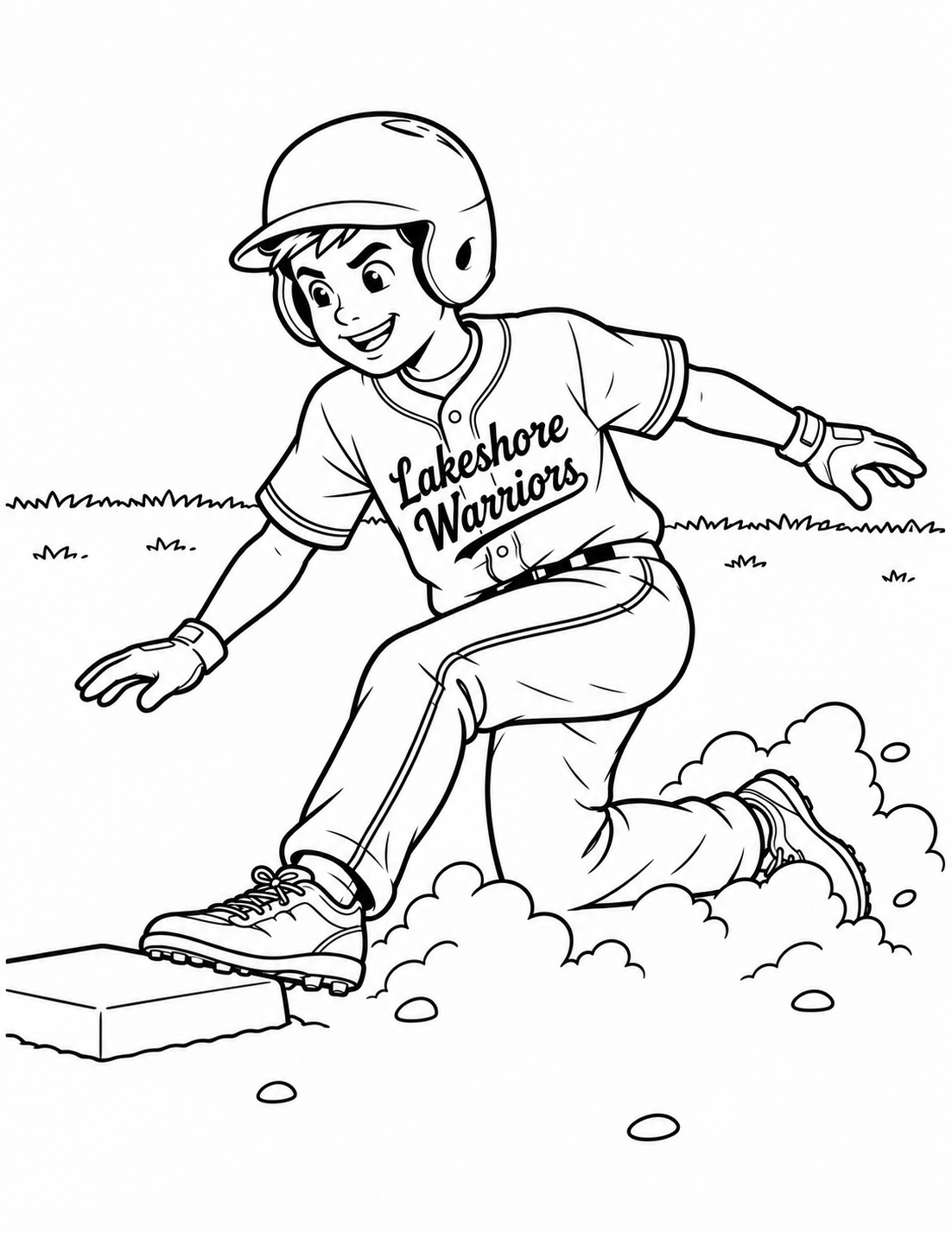 A baseball player slides feet first into a small raised base, with one cleated shoe touching it and the other leg bent behind. Broad outlined dirt clouds trail the slide.