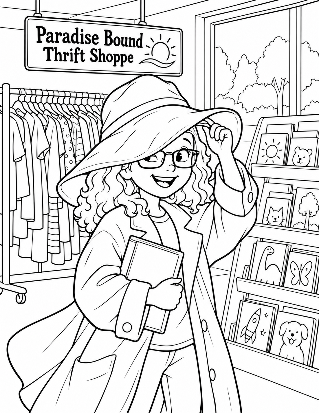 A curly-haired girl in glasses lifts an enormous hat brim while holding a closed book and wearing an oversized coat. Hanging clothes and a tiered picture-book display establish the shop around her.