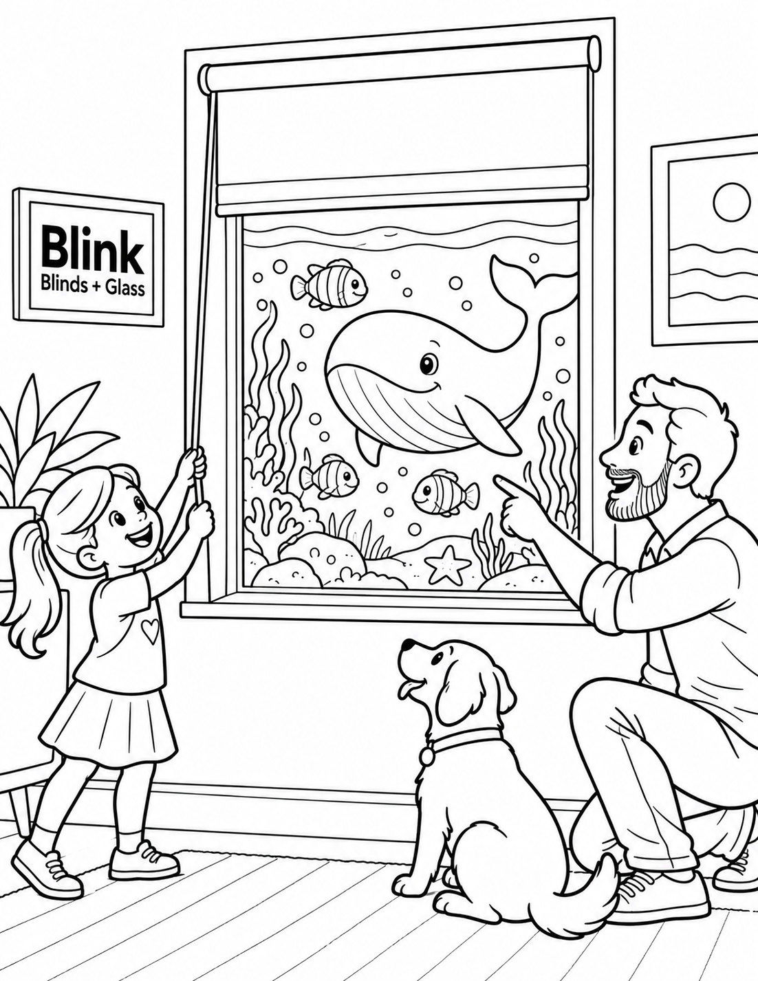 A child raises one coherent window blind and reveals a friendly underwater whale world while an adult shares the discovery.