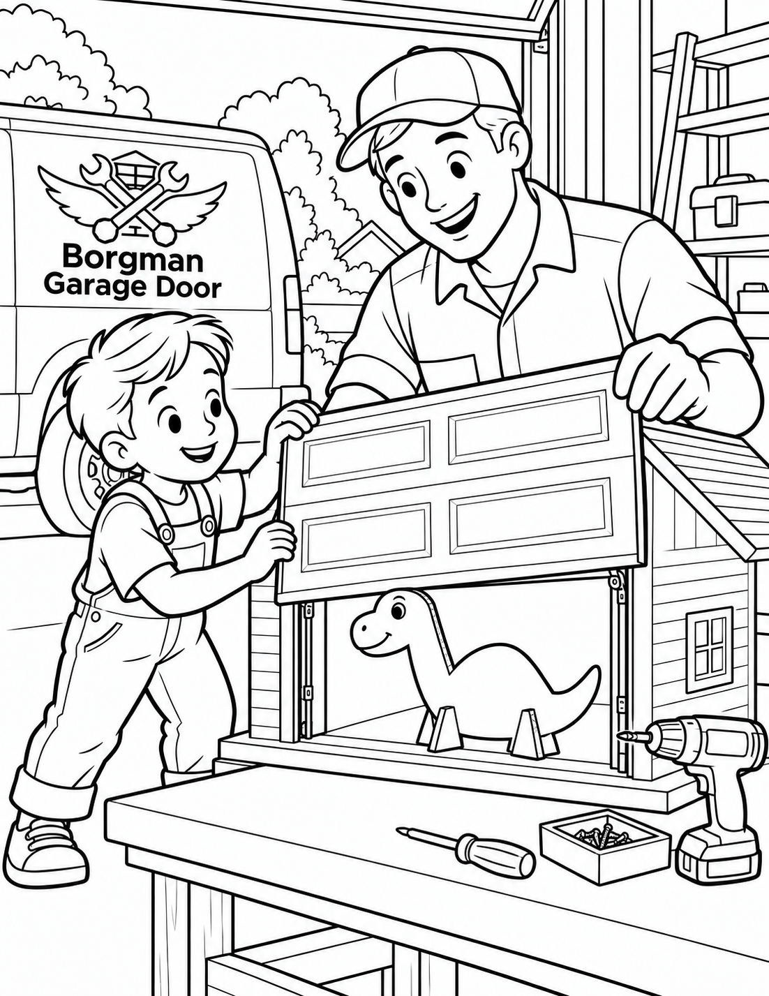 A cap-wearing adult and ponytailed child hold a large raised garage-door panel over a tabletop toy garage. A white dinosaur toy stands inside.