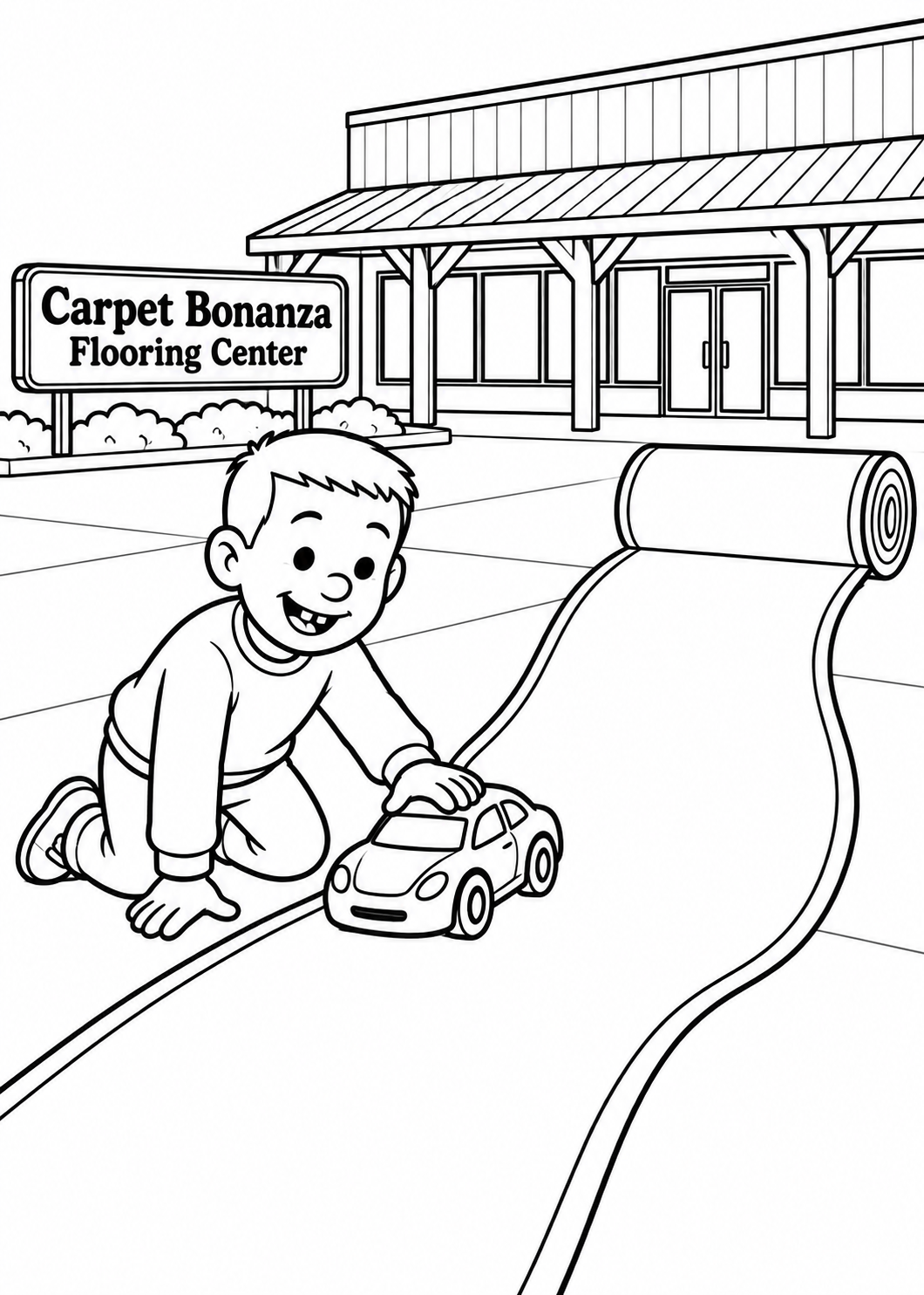 One invented young boy rolls one large toy car along a continuous carpet strip outside the store.
