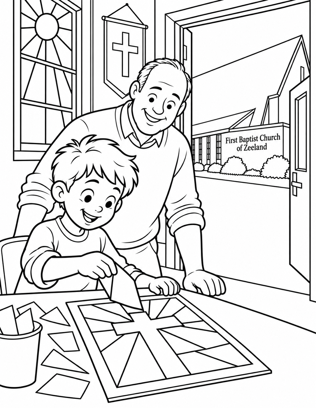 A tousled-haired child holds a white triangular craft piece above a cross-centered tabletop panel while an older adult leans in beside him. Through the doorway, the church’s long steep roof and narrow windows appear above a named low wall.