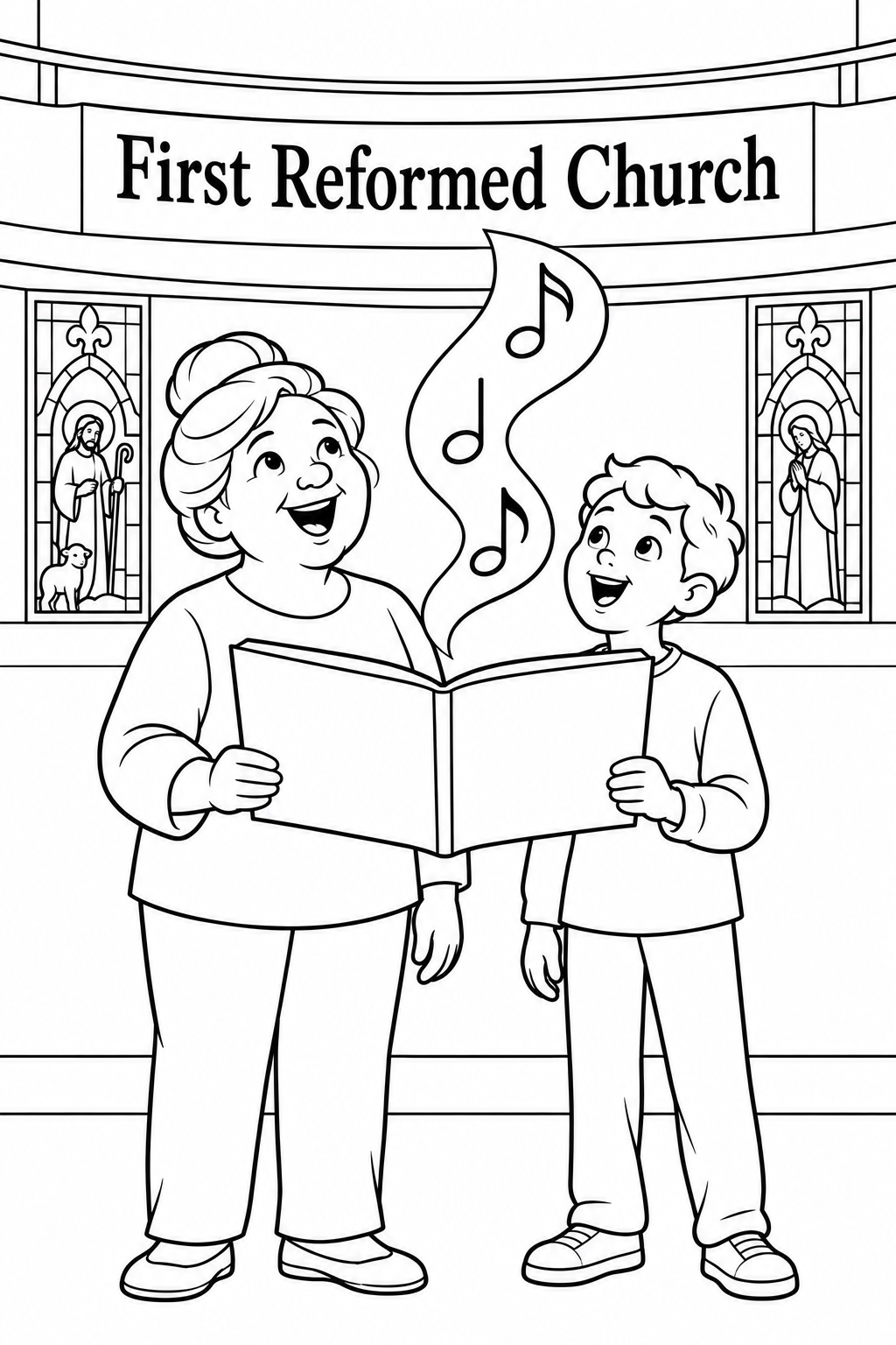 A woman and boy share one open book and sing together as three music notes rise in one broad ribbon inside a simply restaged sanctuary.