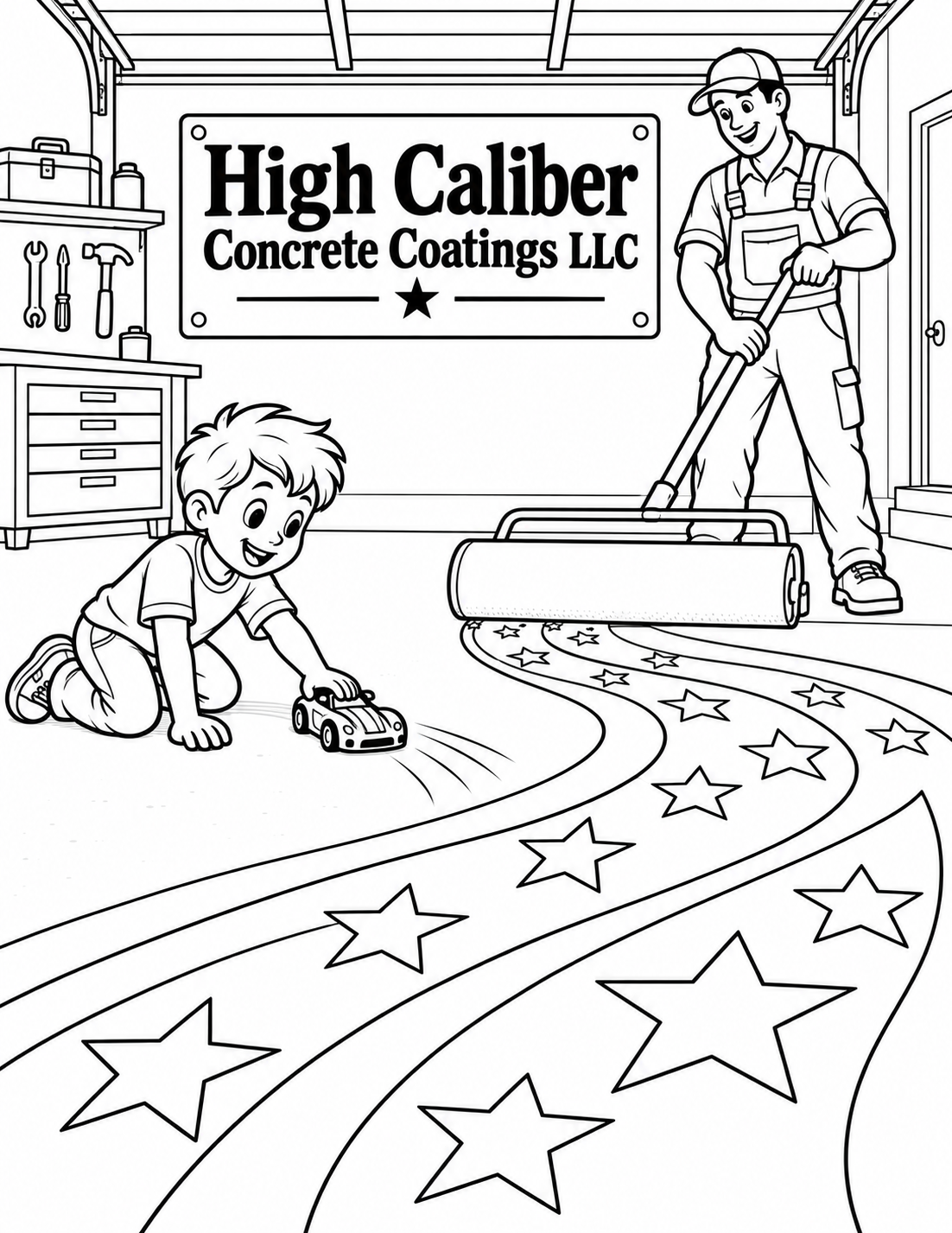 A coating professional rolls a sweeping star trail across a garage floor while a child drives a toy car onto it.
