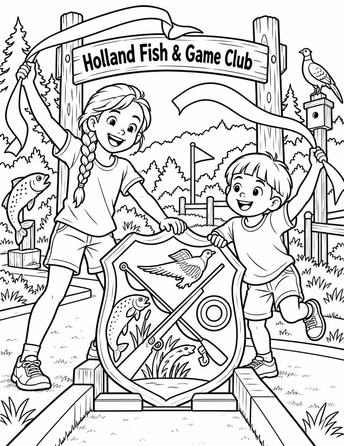 Two children place the final oversized game piece into a simple outdoor course and sweep broad ribbons overhead in celebration.