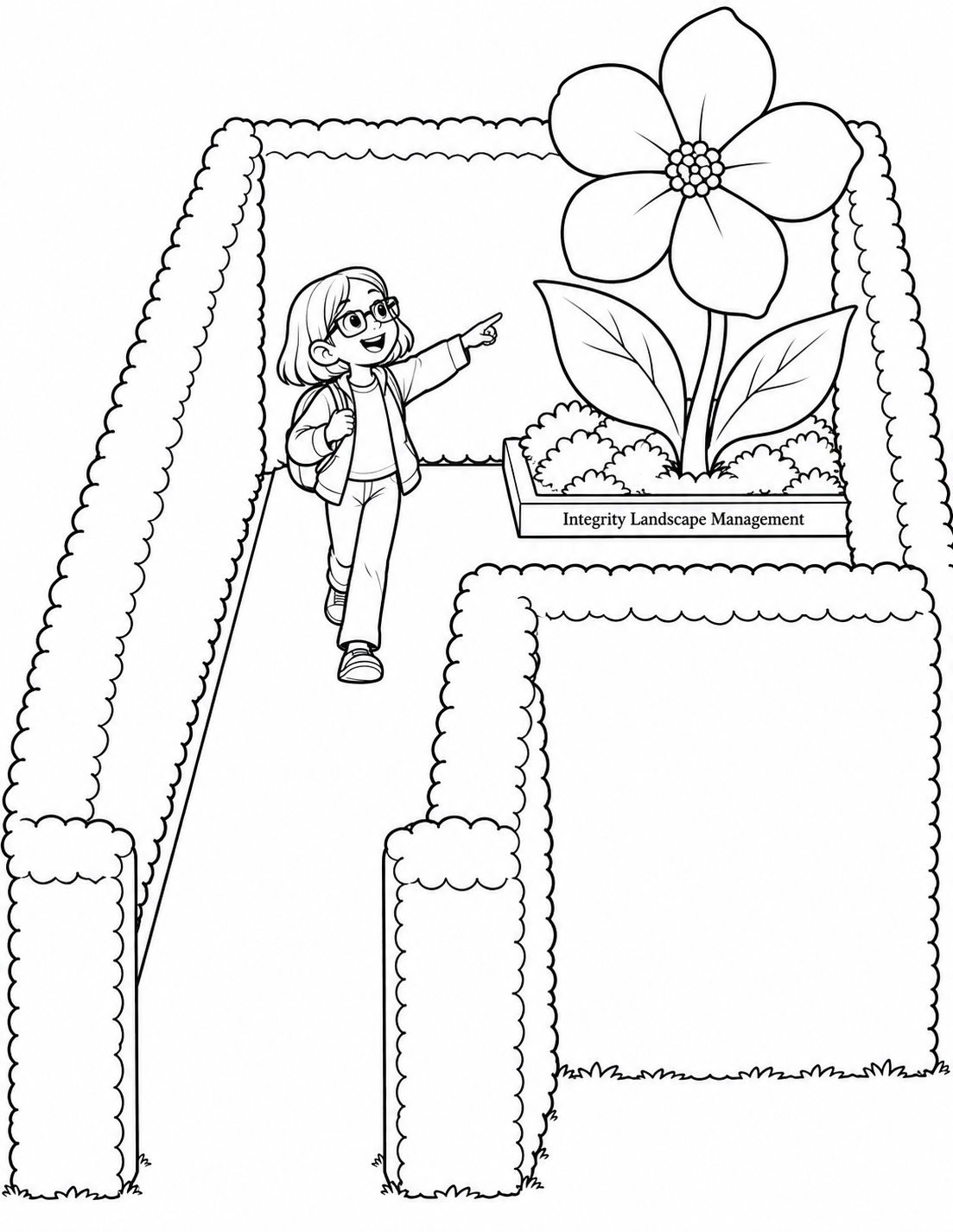 A girl discovers a giant flower at the corner of a tall hedge garden.
