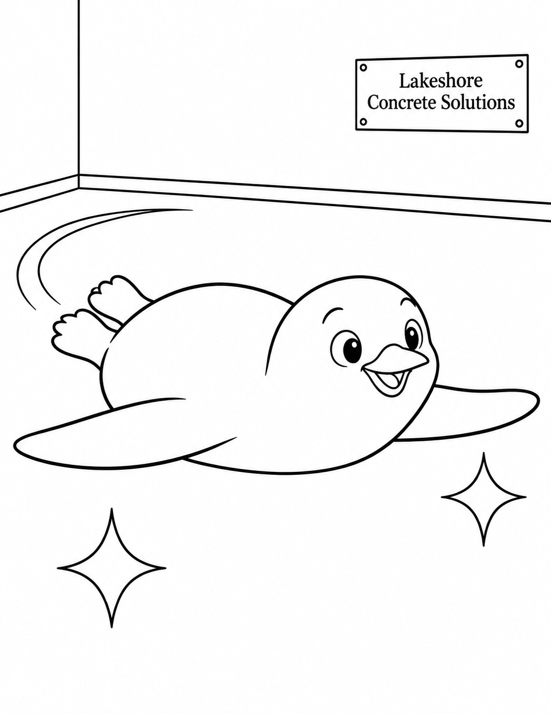A cheerful penguin slides across a smooth finished indoor floor.
