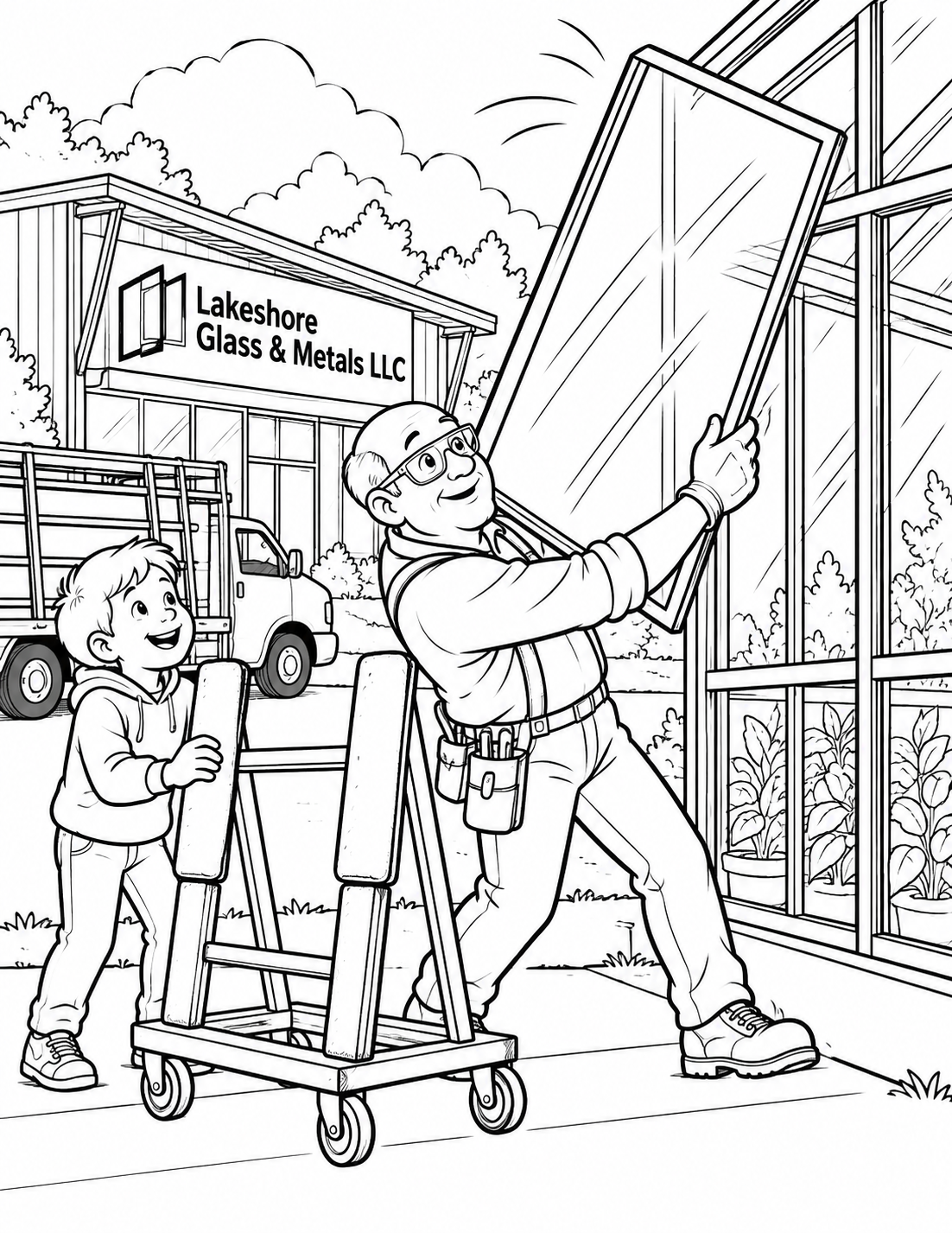 An older glazier catches one large framed glass panel at the edge of a real greenhouse frame while a child steadies the padded stand from a safe distance.