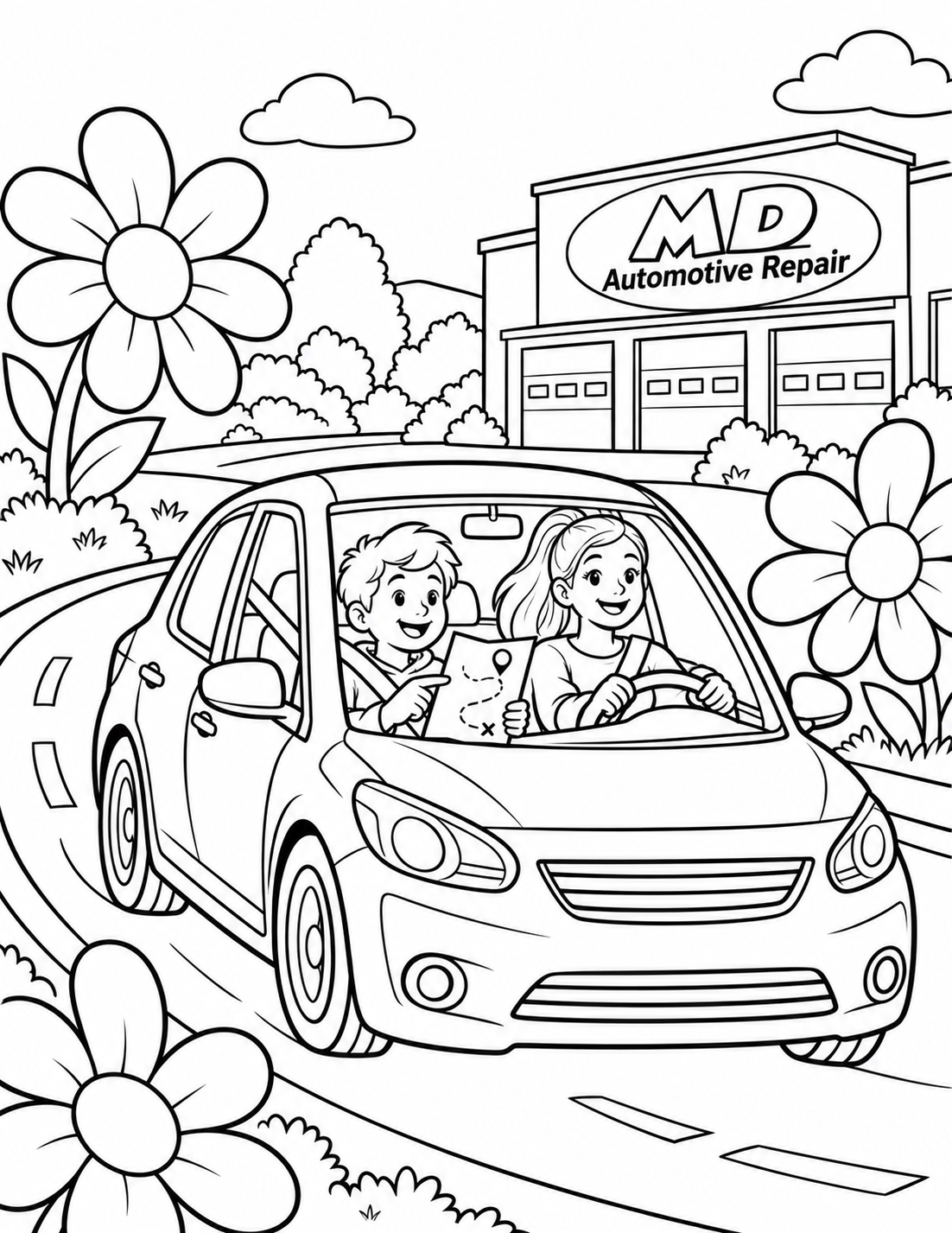 One compact car rounds a broad curve between three giant flower shapes while a child passenger holds a simple route card and an adult drives safely.