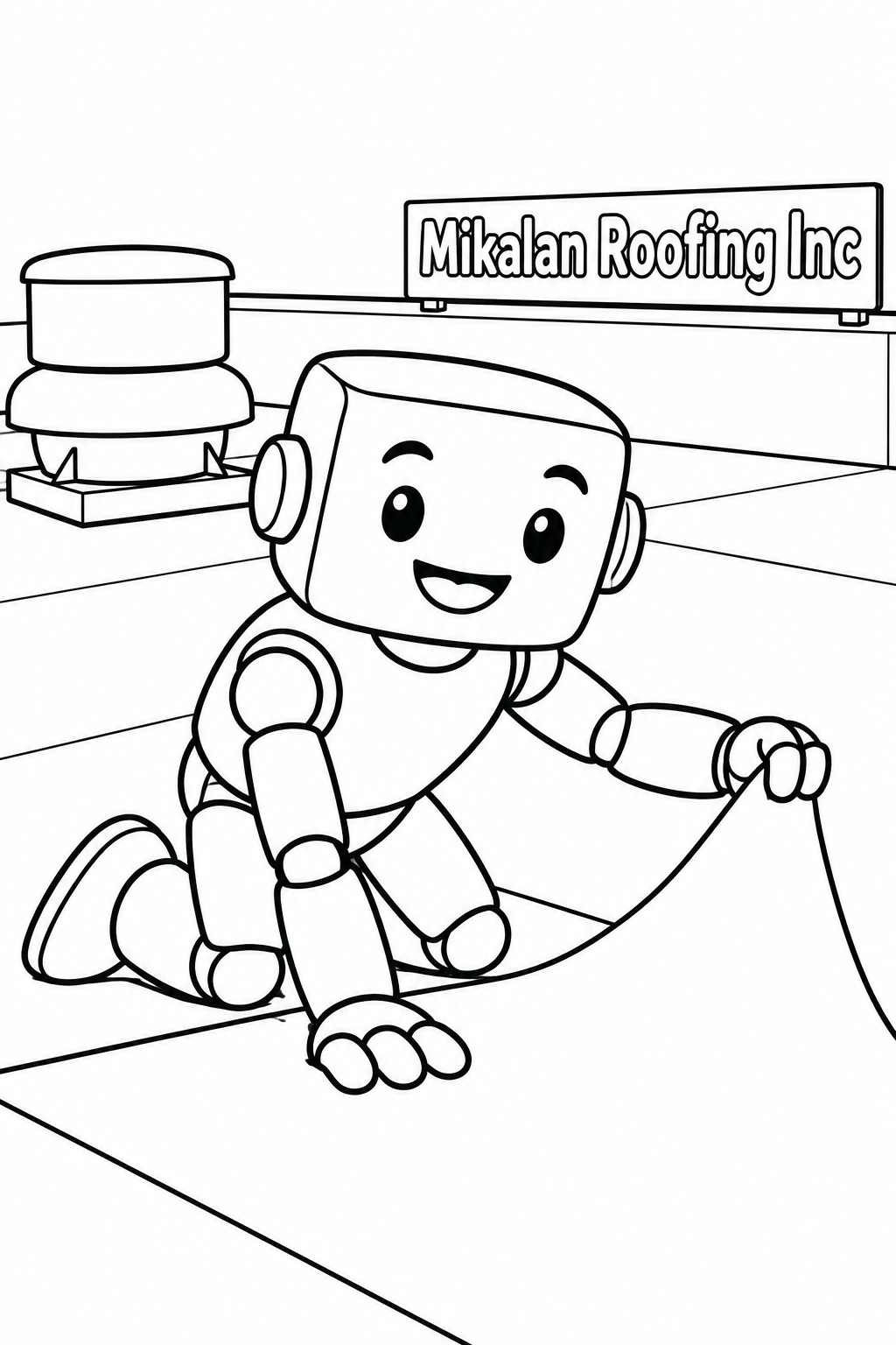 A smiling square robot presses one continuous white membrane sheet while lifting its connected corner beside a simple commercial-roof vent.