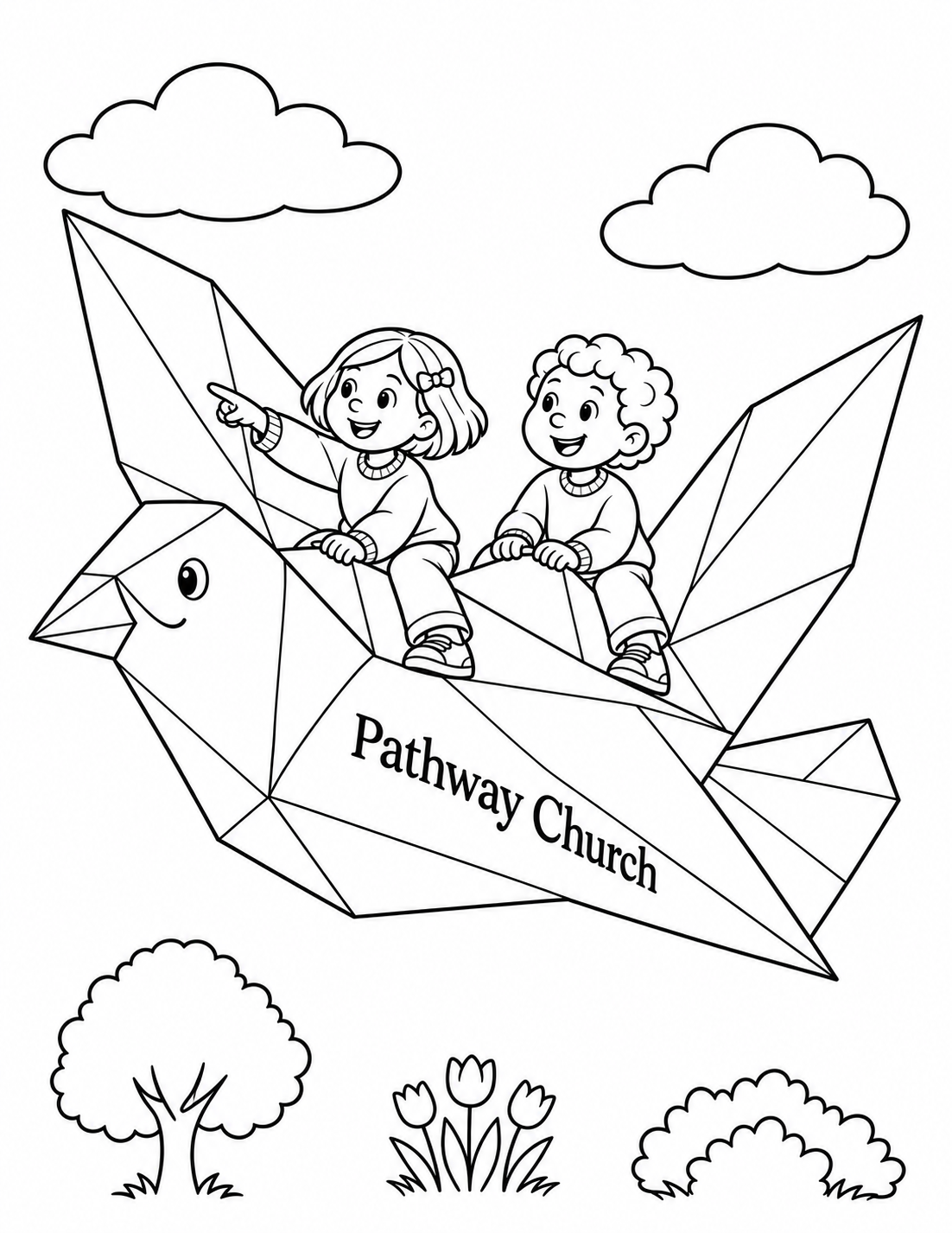 Two children ride a giant folded-paper dove above a simple garden.