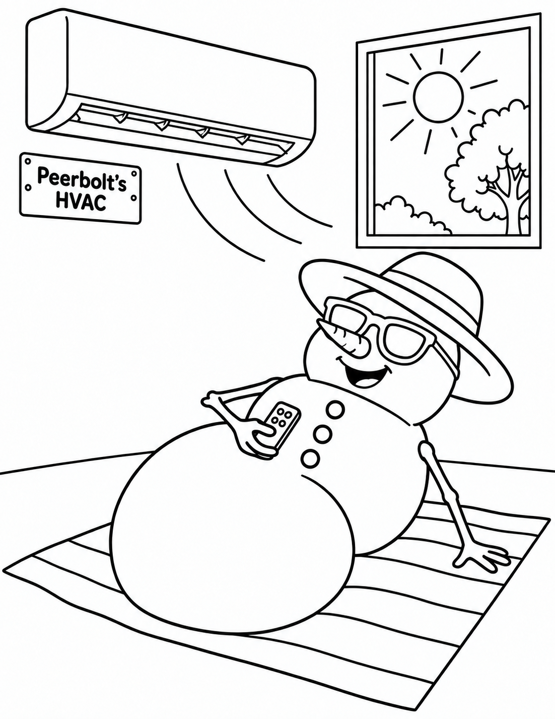 A snowman relaxes under indoor air conditioning while summer sunshine fills the window.